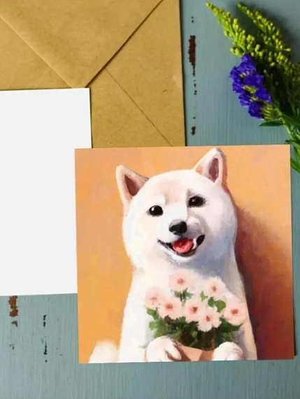 Открытка DARI DARI «Сиба-ину с цветами», квадратная, фото 1.