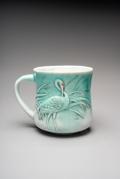 Кружка ручной работы «Журавли», бирюзовая, фарфор, 300 мл, фото 3.
