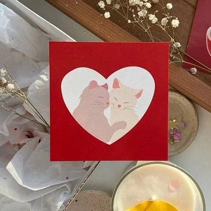 Открытка квадратная «Влюбленные котики», красная, 10 х 10 см, фото 1.