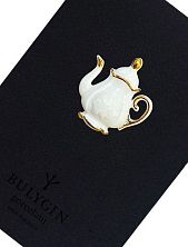 Брошь ручной работы Bulygin «Кофейник», фарфор, бело-золотистая