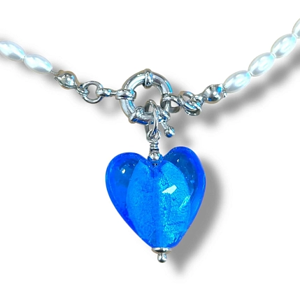 Колье ручной работы «Glass heart», синее, латунь, жемчуг, стекло, фото 4.
