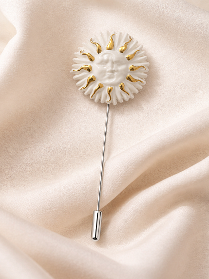 Брошь ручной работы Фарфор Булыгина «Солнце», бело-золотистая, фото 3.