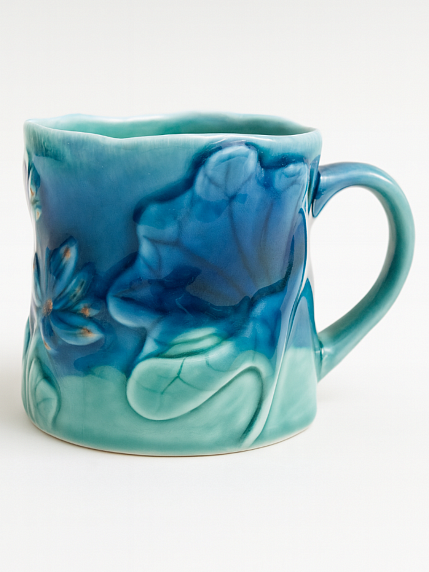 Кружка ручной работы «Лотосы», синяя, фарфор, 350 мл, фото 1.