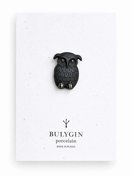 Брошь ручной работы Фарфор Булыгина «Сова», чёрно-серебристая, фото 1.