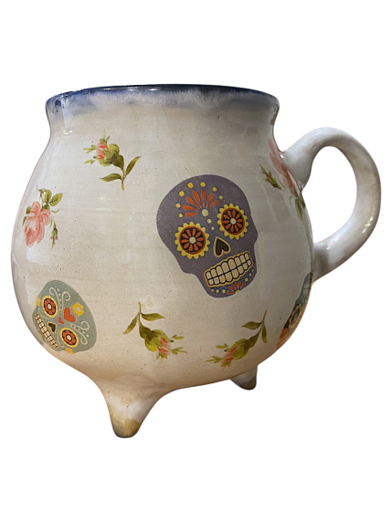 Кружка-котелок ручной работы на ножках «Череп», голубая, керамика, 350 мл, фото 2.