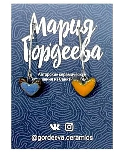 Серьги Мария Гордеева Сердечки, на петле, керамика, сине-оранжевые