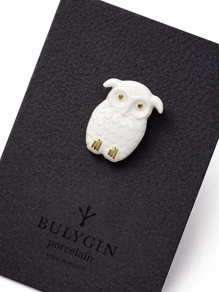 Брошь ручной работы Фарфор Булыгина «Сова», бело-золотистая, фото 1.