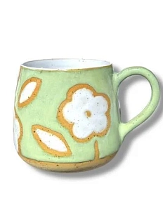 Кружка ручной работы с белыми цветами, зелёная, керамика, 300 мл