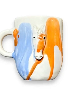 Кружка ручной работы Мария Гордеева с фигуркой «Лошадка», керамика, бело-оранжевая, 350 мл