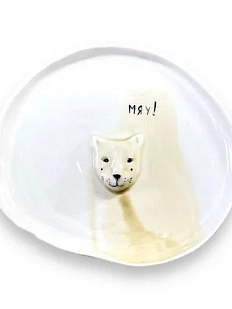 Тарелка ручной работы Мария Гордеева с фигуркой Котик «Мяу!», белая, полуфарфор, 18 см