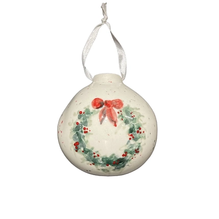 Ёлочная игрушка Верба керамика шар расписной «Новогодний венок», 7 см, фото 1.
