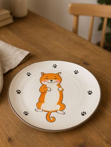Тарелка ручной работы Ким керамика с бортиком Сиба-ину с лапками, белая, 21 см, фото 4.
