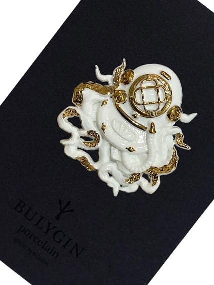 Брошь ручной работы Bulygin «Осьминог», фарфор, бело-золотистая, фото 3.