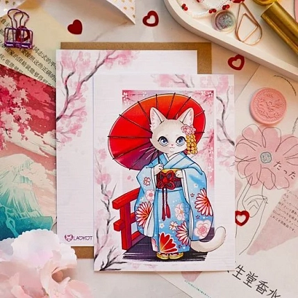 Открытка Лавкот «Кошечка в японском наряде», А6, фото 1.