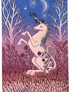 Открытка Валя Карнавалова «Единорог в ночном лесу», односторонняя, А6