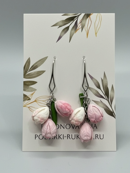 Серьги «Тюльпаны», бело-розовые, полимерная глина, фото 1.