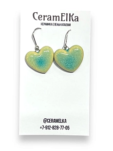 Серьги КерамЕлКа на петле Сердца, керамика, голубо-зелёные