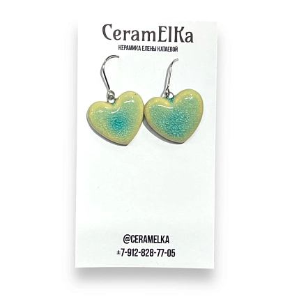 Серьги КерамЕлКа на петле Сердца, керамика, голубо-зелёные, фото 1.