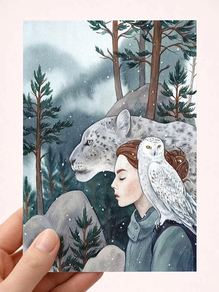Открытка Анна Спешилова «Снежный барс, сова и девушка», односторонняя, фото 1.