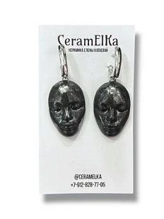 Серьги КерамЕлКа «Лица», фарфор, чёрные, металлик