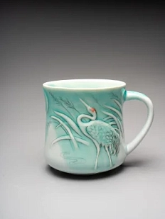 Кружка ручной работы Керамика Александры Пылиной «Журавли», бирюзовая, фарфор, 300 мл