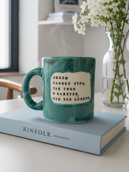 Кружка ручной работы Тата вытворяет/NF ceramics «Люблю раннее утро», светло-бирюзовая, керамика, 400 мл, фото 4.