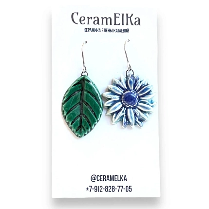 Серьги КерамЕлКа «Лепесток и цветок», керамика, фото 1.