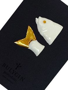 Брошь ручной работы Bulygin «Рыбий хвост» большая, фарфор, бело-золотистая