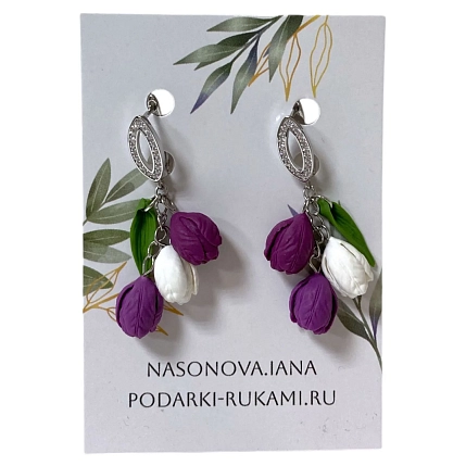 Серьги Подарки руками «Тюльпаны», сиреневые,  полимерная глина, фото 1.