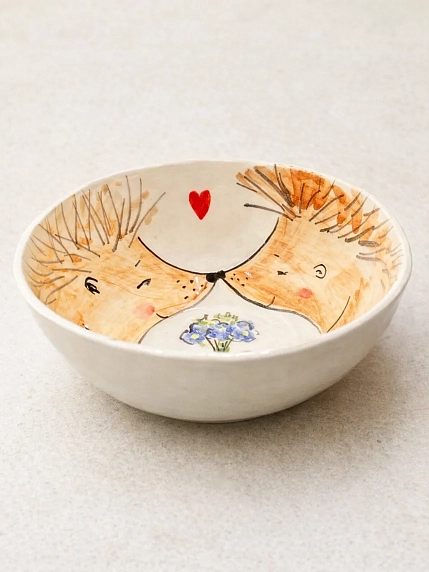 Пиала ручной работы НАДО ЖЕ с росписью «Ёжики с цветами», белая, керамика, 13 см, фото 2.
