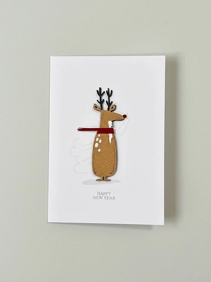 Открытка ВОЕ с деревянными элементами «Happy New Year c оленем», открывающаяся, фото 1.