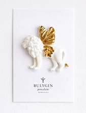 Брошь ручной работы Bulygin «Лев», фарфор, бело-золотистая