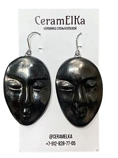 Серьги КерамЕлКа «Лица» большие, фарфор, чёрные, металлик