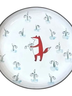Тарелка ручной работы Ким керамика с бортиком Лис с подснежниками, белая, 21 см