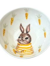 Пиала ручной работы с росписью внутри Зайка с морковкой, белая, фарфор, 10 см