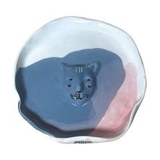 Тарелка ручной работы с фигуркой Котик, серо-розовая, полуфарфор, 13 см