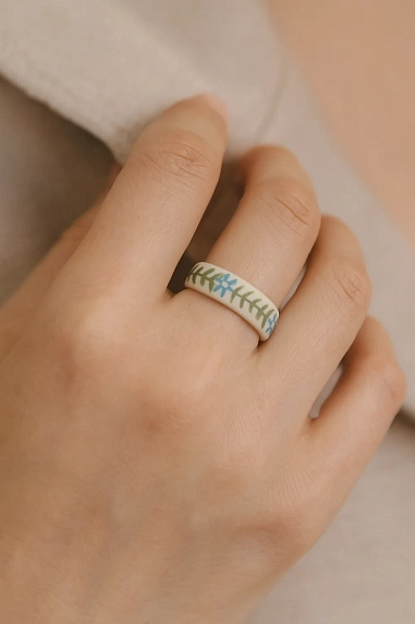 Кольцо Боттери керамика в голубой цветочек, керамика, фото 2.