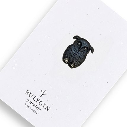 Брошь ручной работы Bulygin «Сова», фарфор, чёрно-серебристая, фото 1.