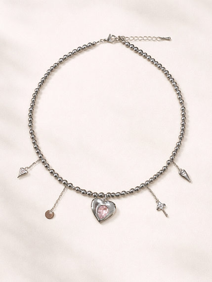 Чокер из тёмного гематита с подвесками «Сердечко с розовым камнем» Migette, фото 2.