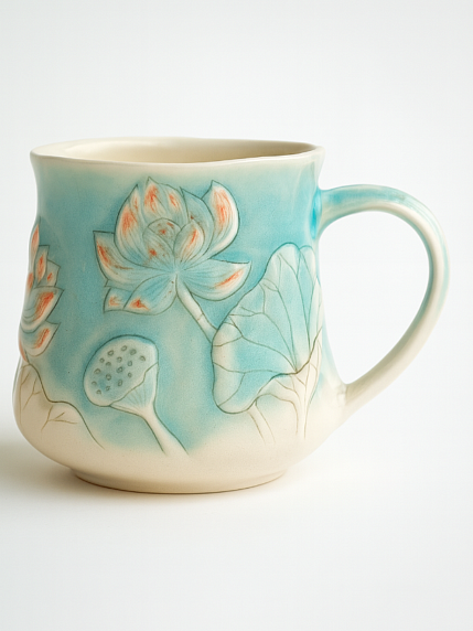 Кружка ручной работы «Лотос и карп», зелёная, фарфор, 430 мл, фото 1.