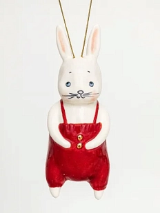 Ёлочная игрушка Ким керамика «Зайчик» в красном комбинезоне, 12 см, фарфор