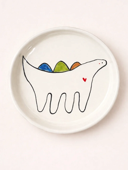 Тарелка ручной работы Мария Гордеева Динозаврик, белая, полуфарфор, 14 см, фото 1.