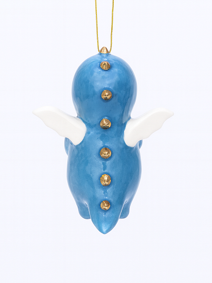 Ёлочная игрушка из фарфора «Малыш в костюме динозаврика», голубой, 10 см, фото 2.