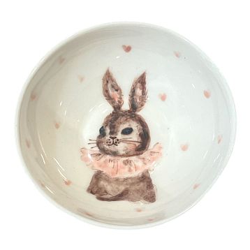 Пиала ручной работы Ким керамика с росписью внутри Зайка в жабо с сердечками, белая, фарфор, 10 см, фото 1.