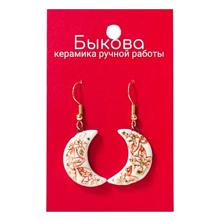 Серьги ручной работы Быкова керамика «Красные цветы», полумесяцы‎, фарфор, фото 1.