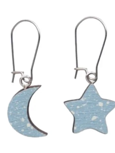 Серьги «Луна и звёздочка», дерево, голубые