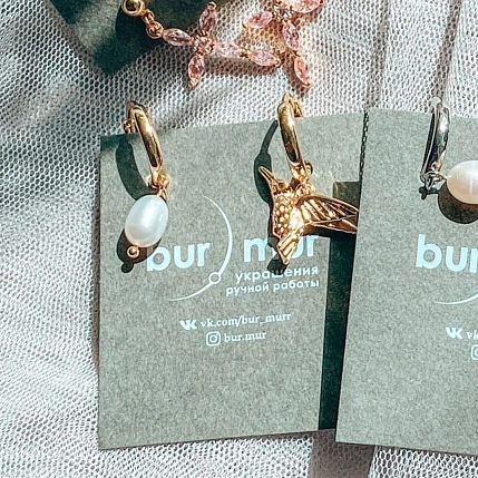 Серьги-конго «Колибри», позолота, латунь, жемчуг, фото 4.