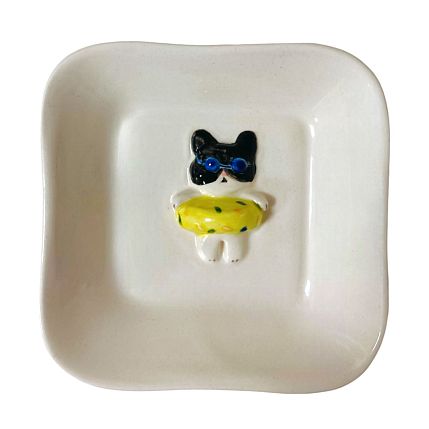 Тарелка квадратная с фигуркой внутри Котик-пончик, зелёный, керамика, 14 см, фото 1.