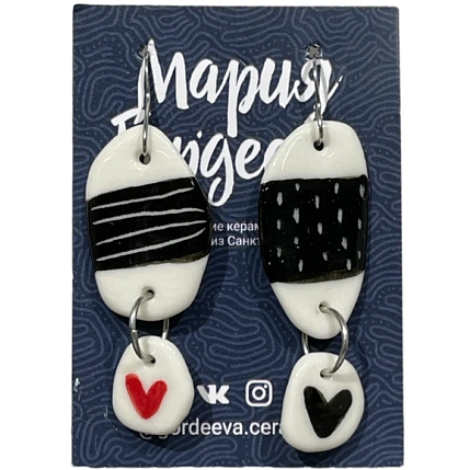 Серьги Мария Гордеева асимметричные составные с сердечками, керамика, фото 1.