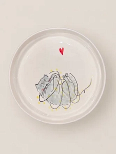 Тарелка ручной работы НАДО ЖЕ с росписью «Кот с гирляндой», белая, керамика, 14 см
